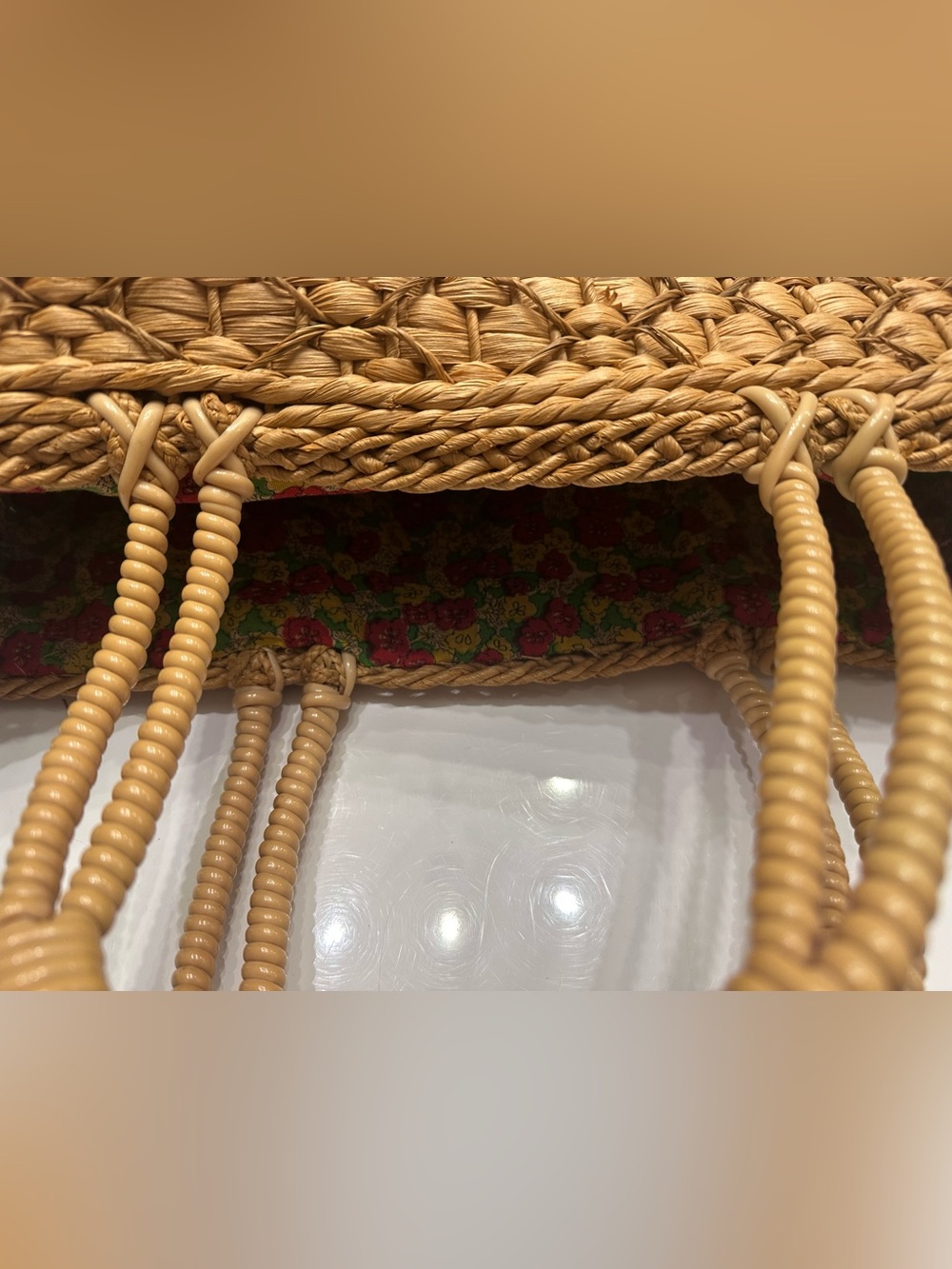 Vintage Handwoven Straw Market Basket Tote Bag Floral Lined Boho - Picture 9 of 13